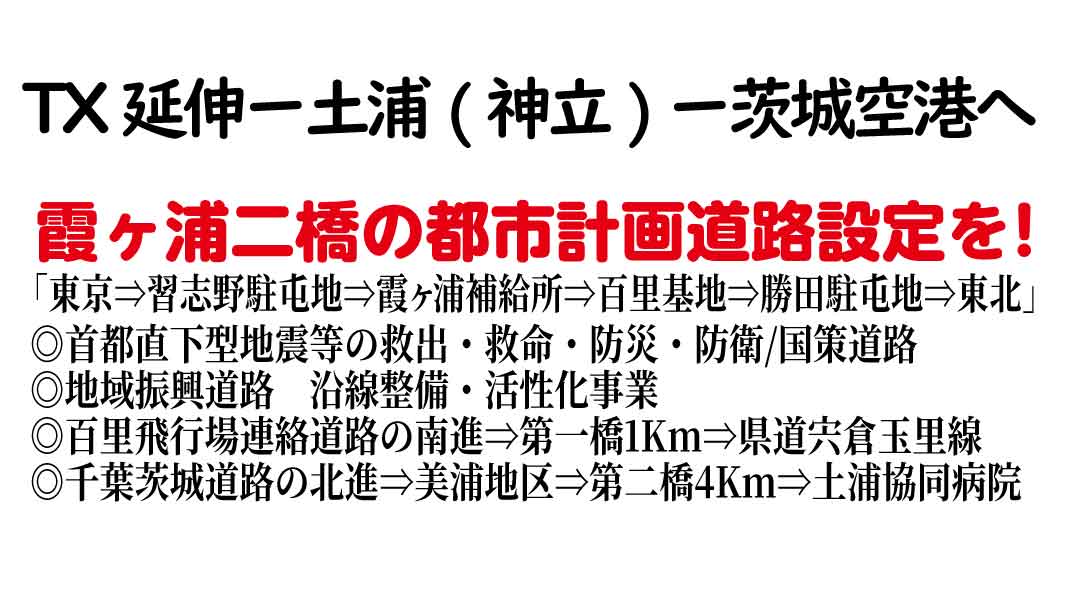 かすみがうら市議会議員：設楽健夫6号バイパス事業化・沿線整備、霞ヶ浦二橋の道路設定！ ＴＸ延伸→神立へ！