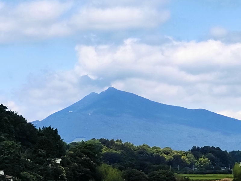 写真:30日朝の筑波山と稲穂が出揃ったEM水田、高倉粟田橋から見る筑波山
