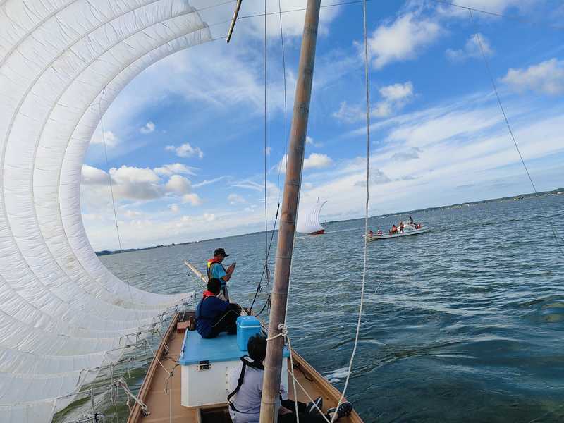 写真:霞ヶ浦志戸崎のあゆみ祭り、観光帆引き船4艘が並走